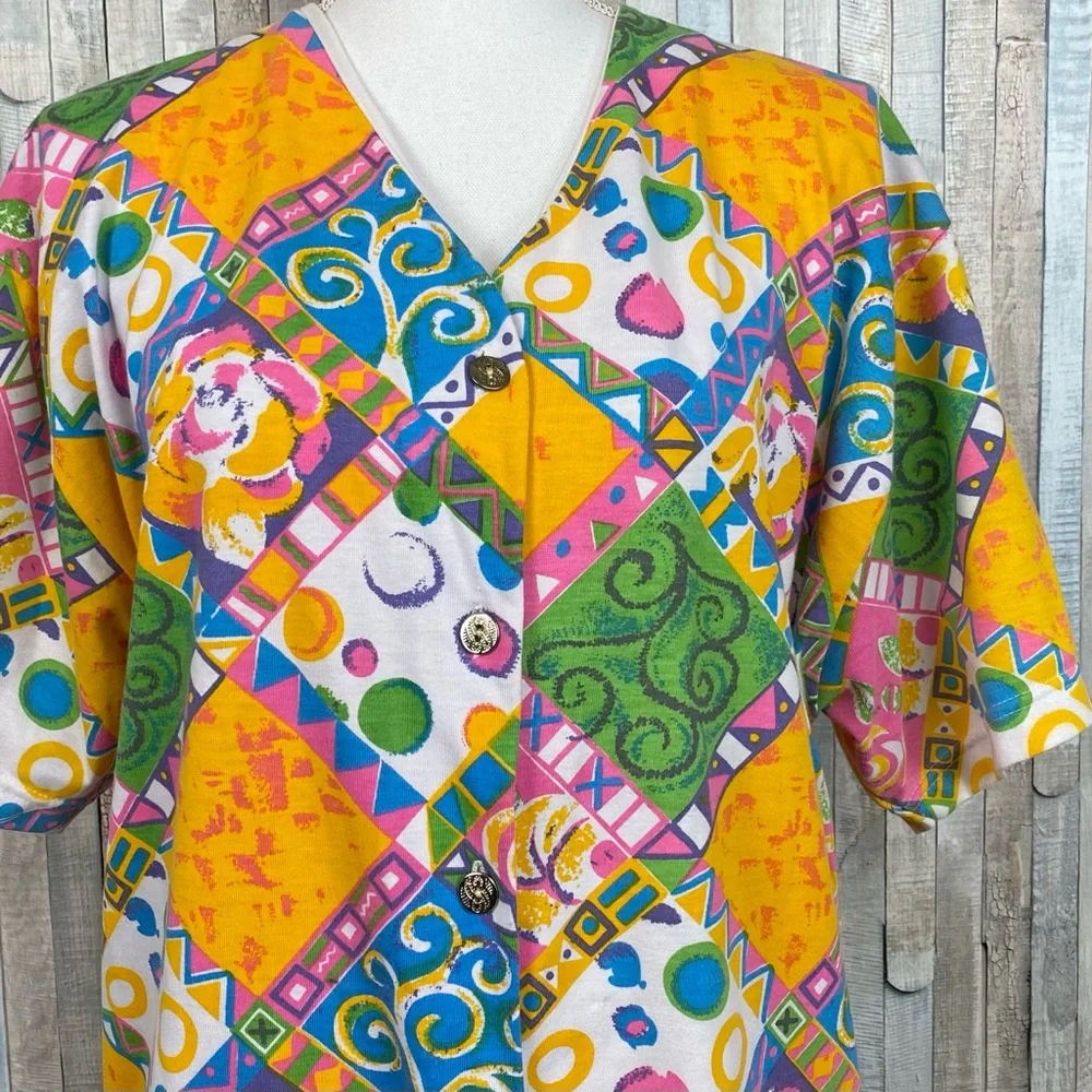 Vintage 80s 90s 20W Center Aisle Plus Size Printed Button Down Shirt Top Shacket - Picture 1 of 7